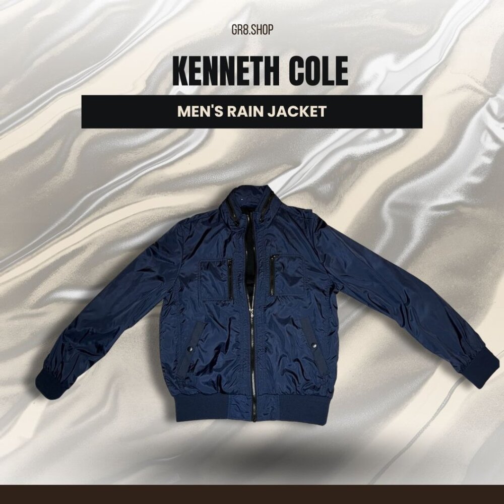Kenneth Cole Mens Medium Navy Rain Jacket With Zippered Pockets & Elastic Hem Li